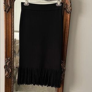Black Wool Blend Bodycon Fringe Skirt